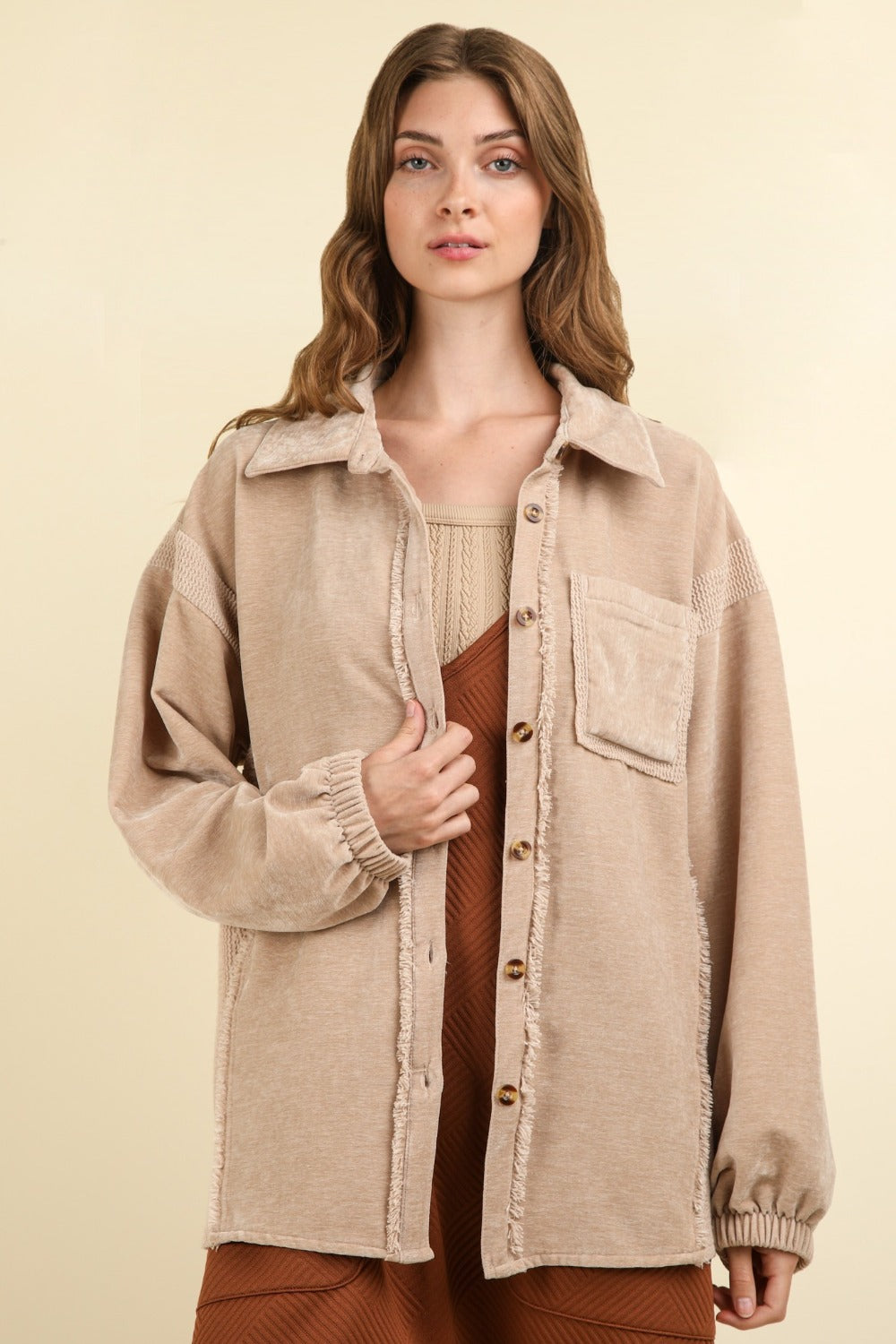 Josefina | Mixed media button-down jacket with raw hem