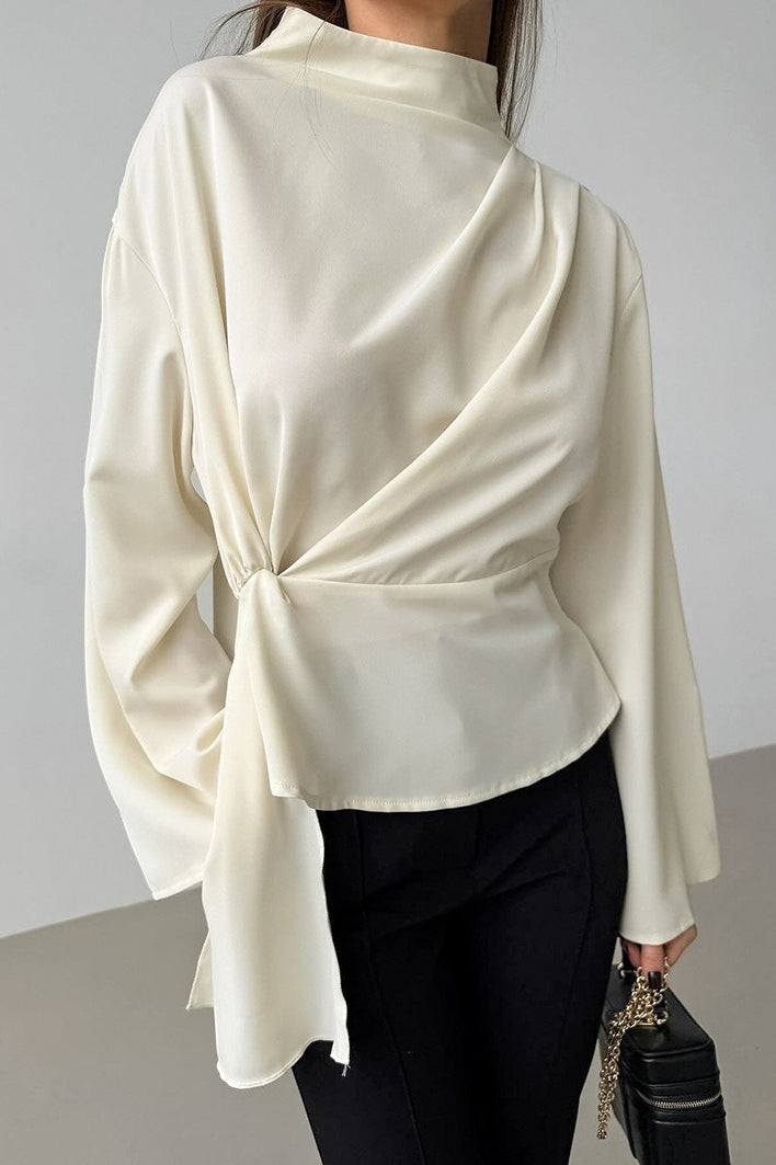 Chiffon Tie Waist Stand Collar Long Sleeve Tee
