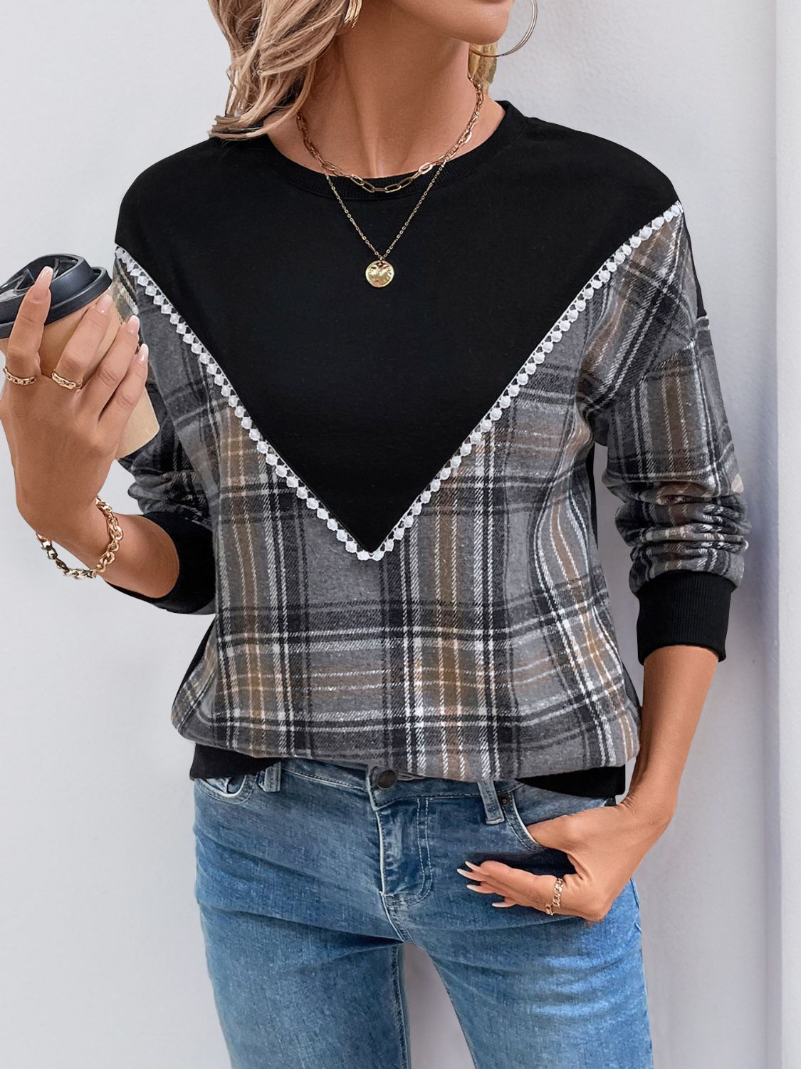 Catarina | Perfee checked long sleeve crew neck sweatshirt