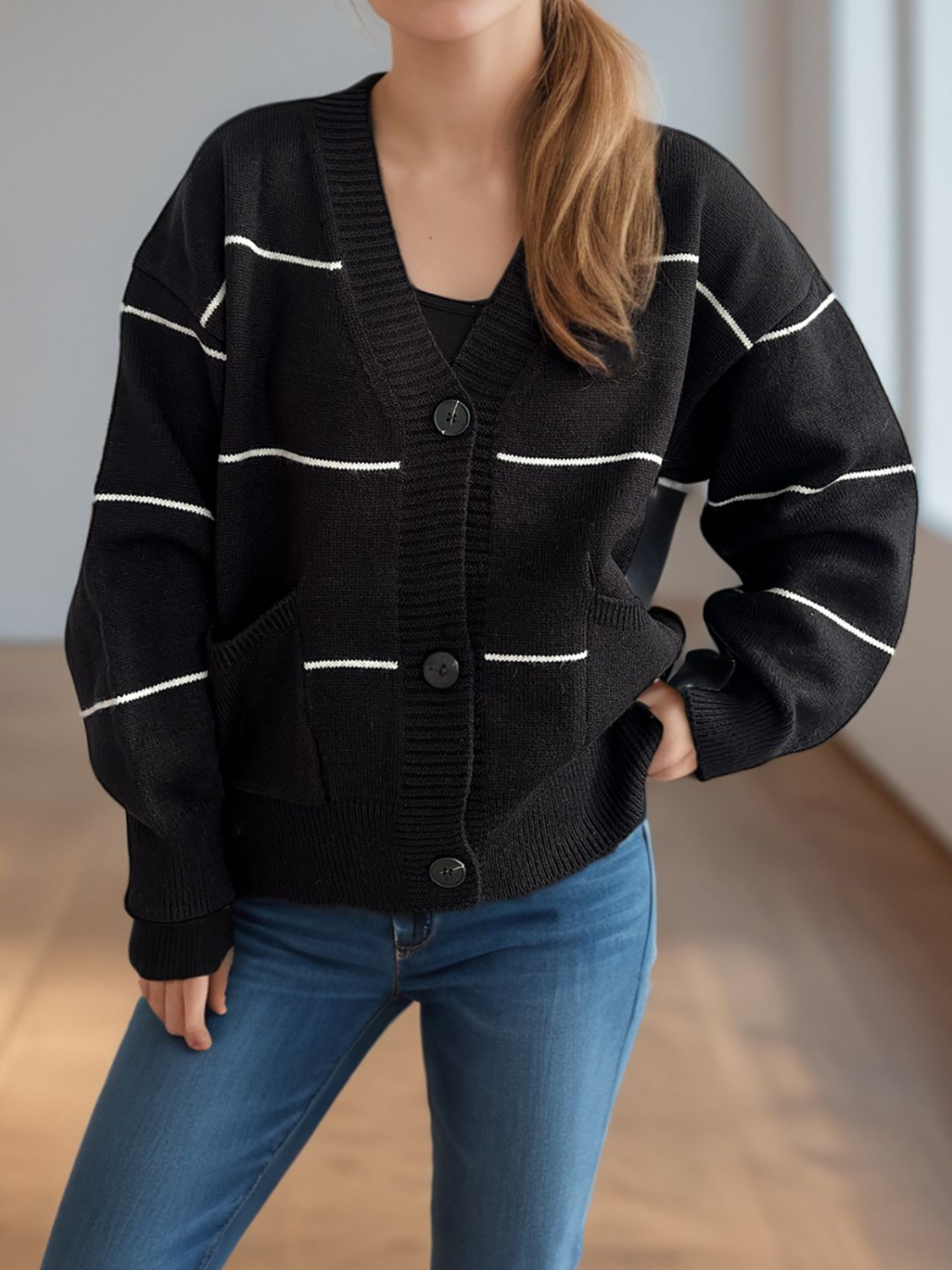 Flavia | Striped, long-sleeved cardigan with button placket and V-neck