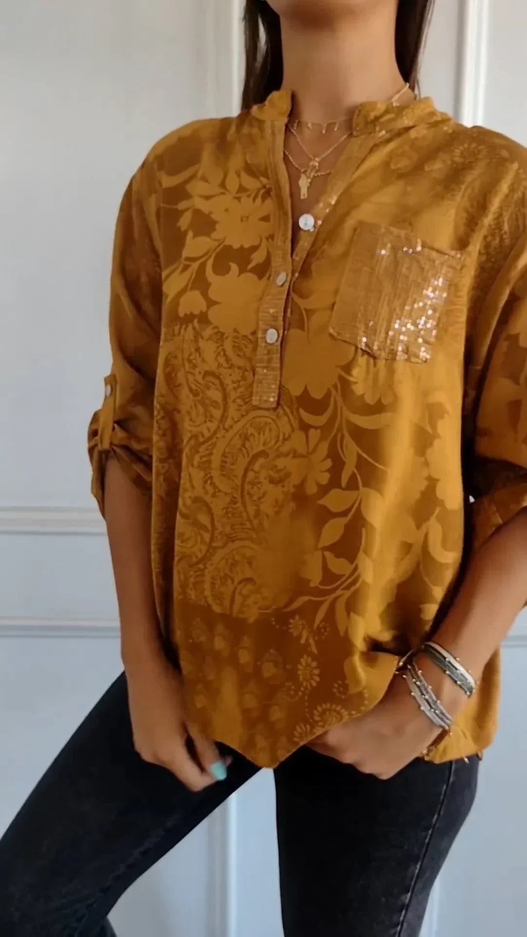 Maureen® | Printed V-Neck Top With Half Buttons