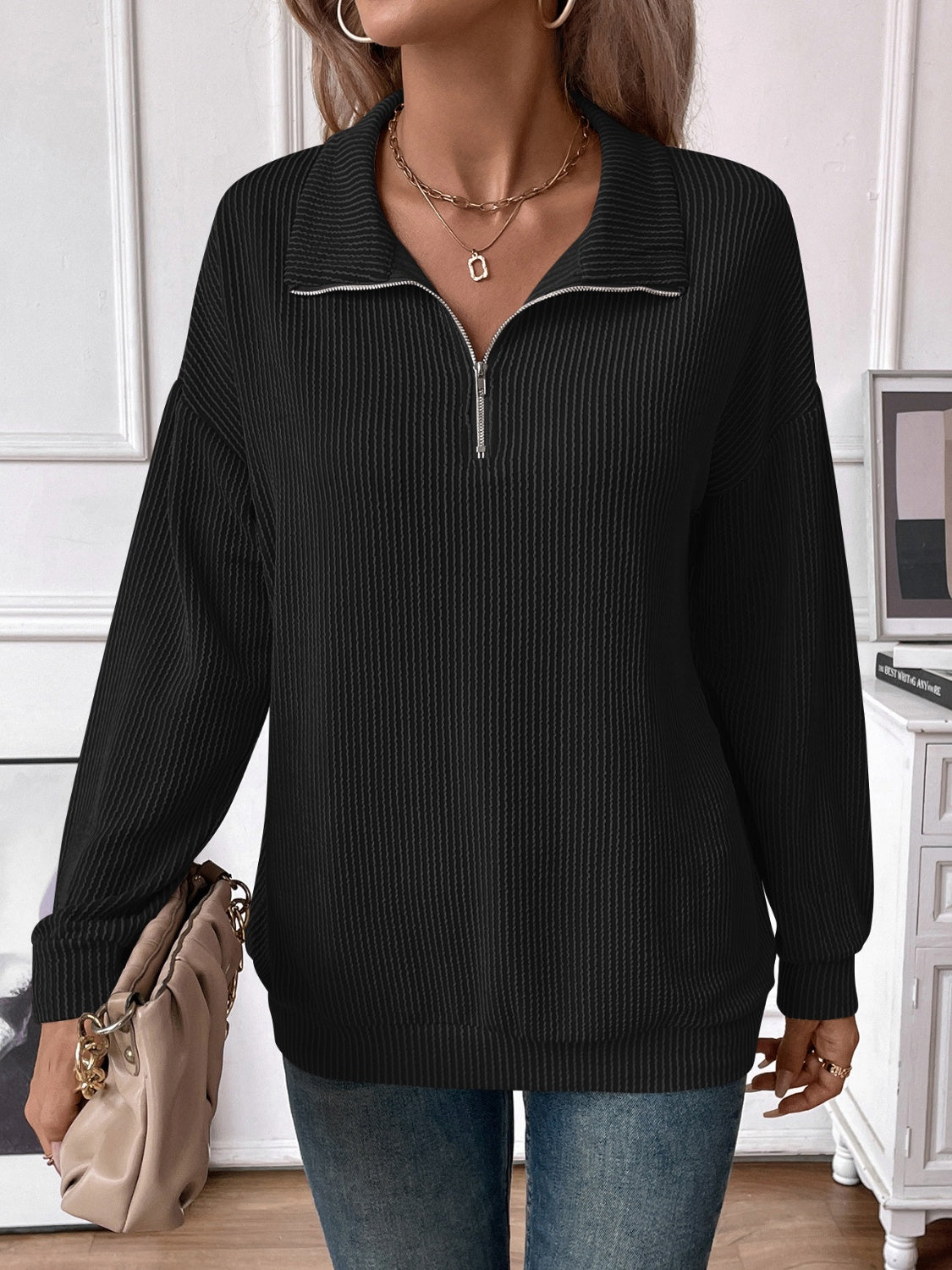 Josefina | Double Take striped long sleeve half zip t-shirt