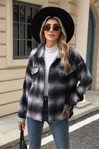 Loose Plaid Lapel Faux Wool Long Sleeve Coat