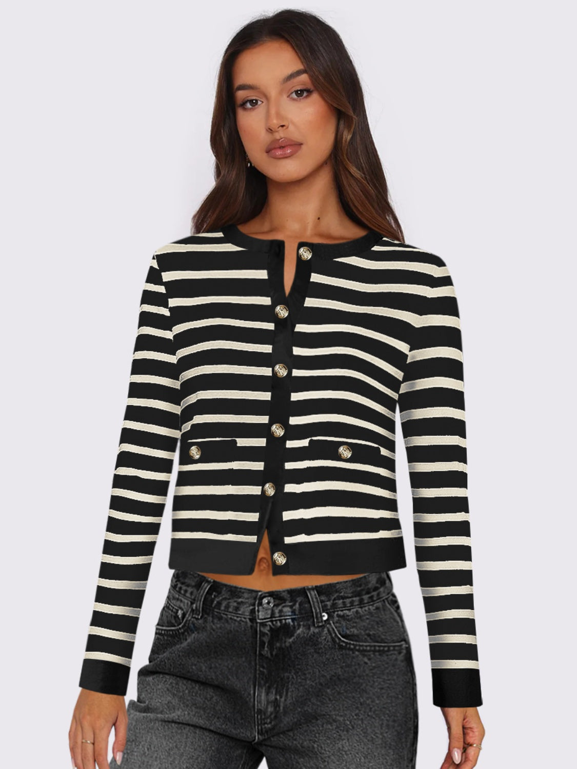 Gabriela | Striped, long-sleeved cardigan with button placket and crew neck