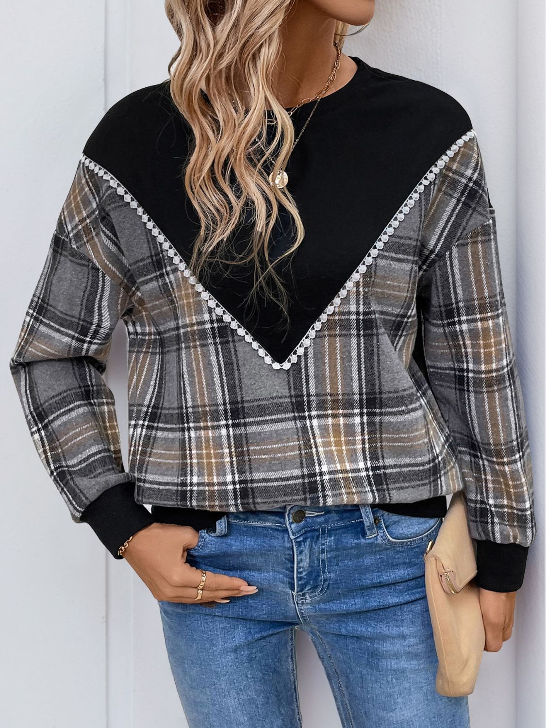 Catarina | Perfee checked long sleeve crew neck sweatshirt
