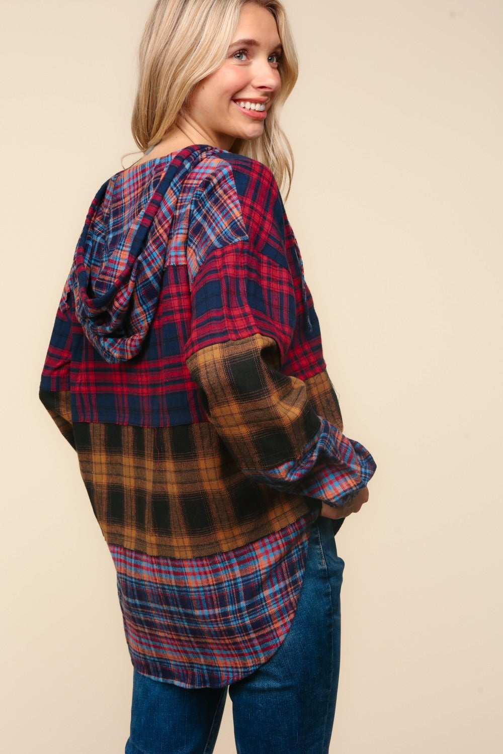 Hildegard | Haptics hooded top with checked trim and cut detail