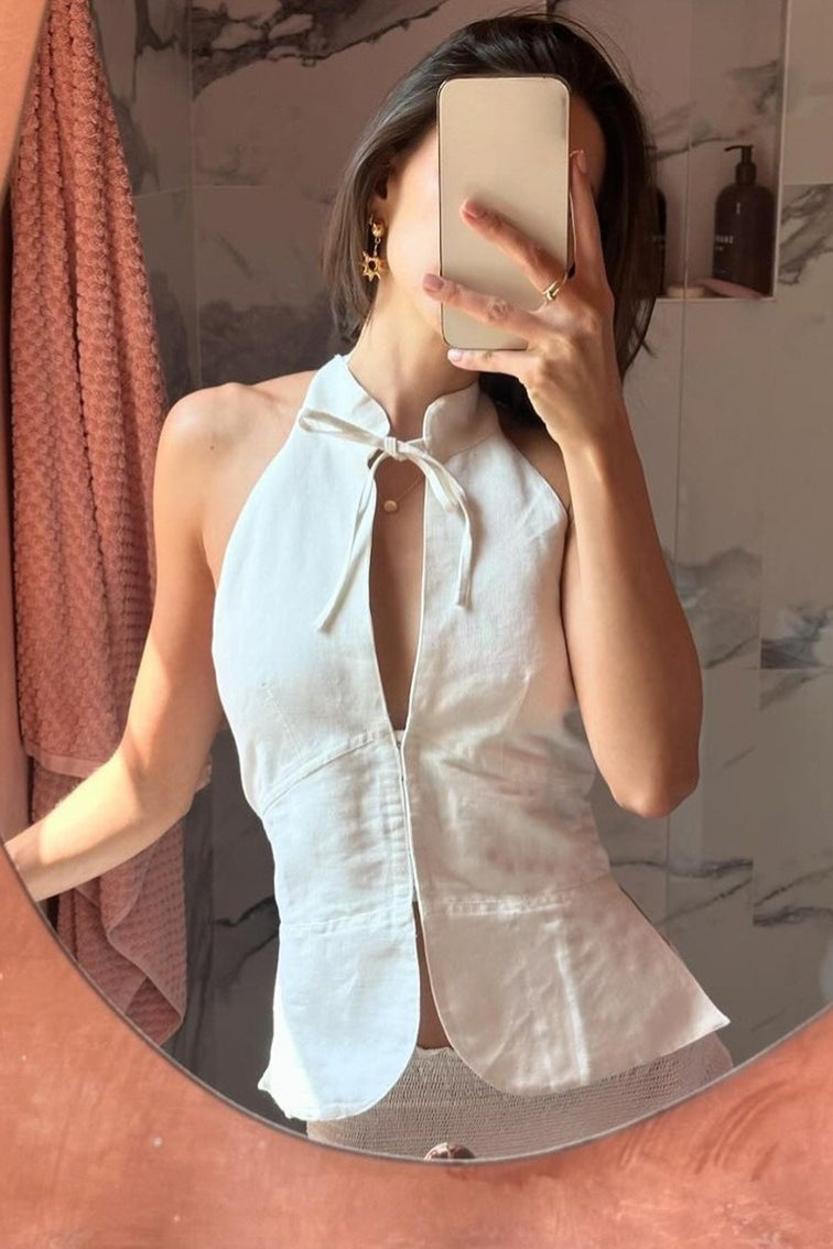 Vintage Tie Halter Peter Pan Collar Off Shoulder Tank Top