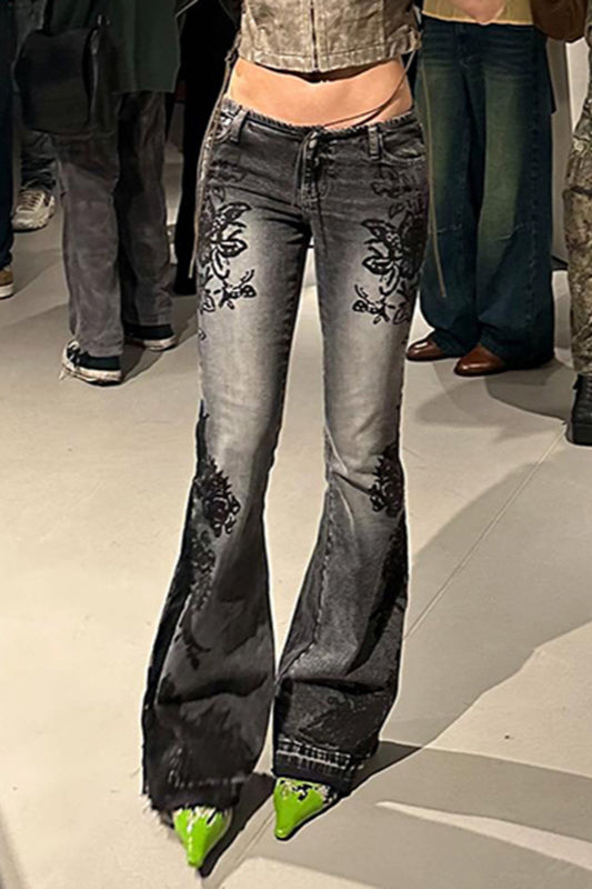 Vintage Plant Print Flared Jeans