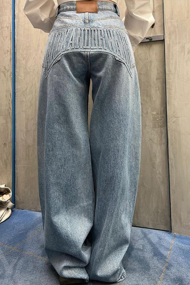Loose Floor Length Curved Leg Washed Letter Embossed Jeans