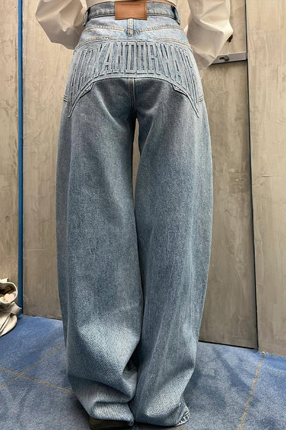 Loose Floor Length Curved Leg Washed Letter Embossed Jeans