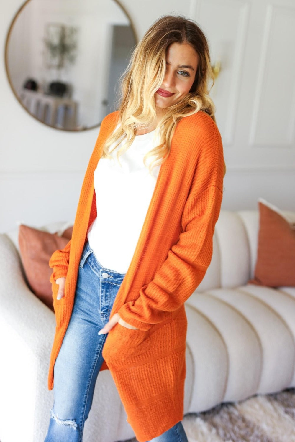 Aneta | Haptics Full Size Striped Textured Open Front Cardigan with Pockets