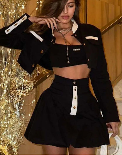 Black Patchwork Crop Mini Skirt Office Two Piece Set