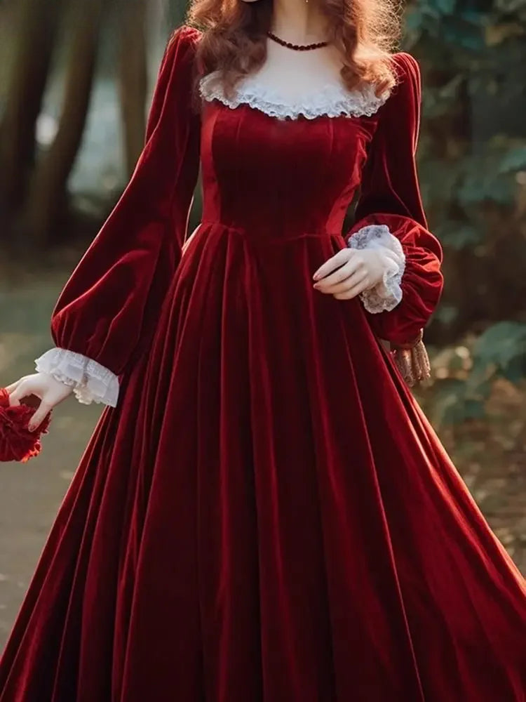 Elegant French Hepburn Velvet Drape Red Party Dress