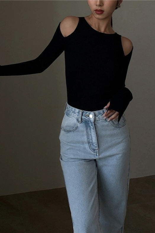Retro Crew Neck Off-Shoulder Split-Cuff Slim Knit Top