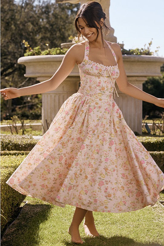 Floral Print Halter Bodycon Maxi Dress