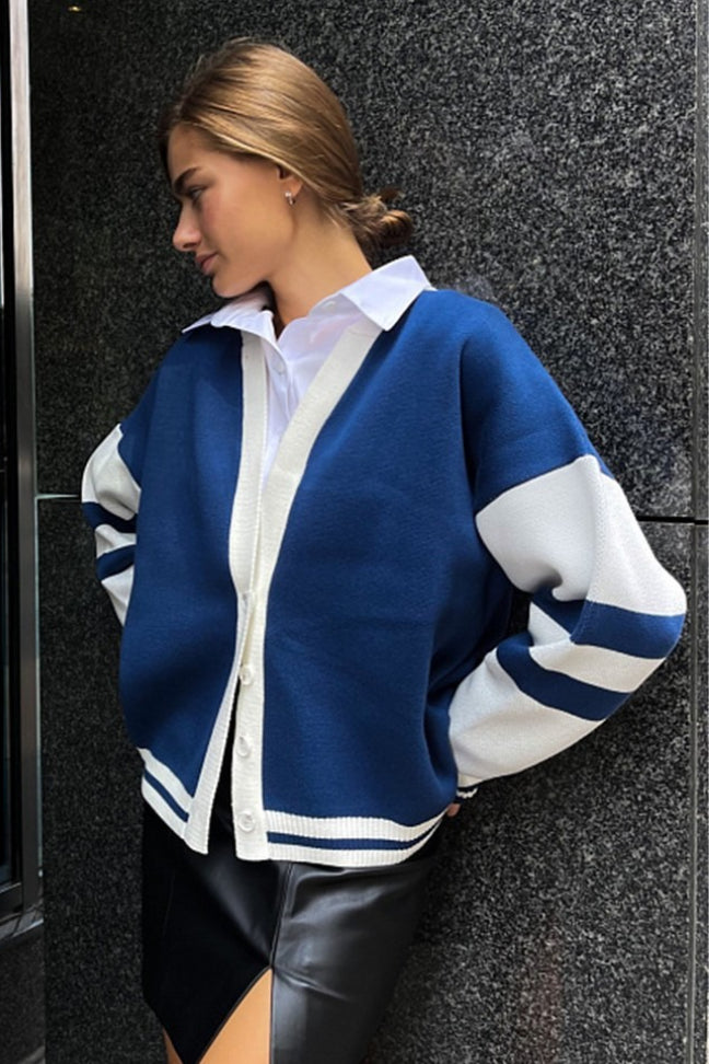 Simple Color Block Striped Relaxed Knit Cardigan