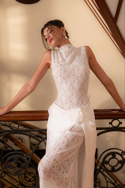 Sleeveless High Neck Flower Lace Patchwork Reception Dress