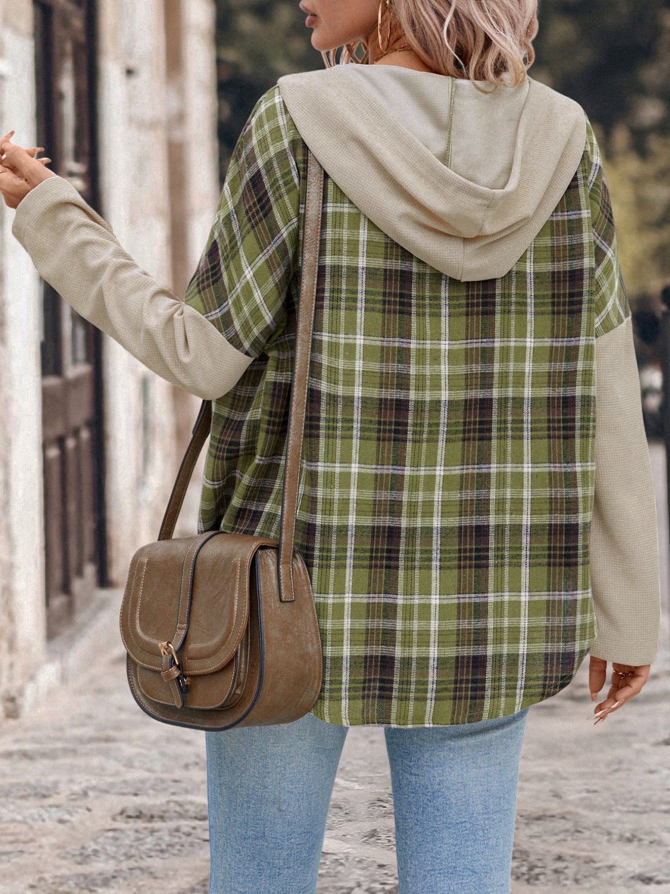 Isadora | Perfee drawstring check long sleeve hooded shirt