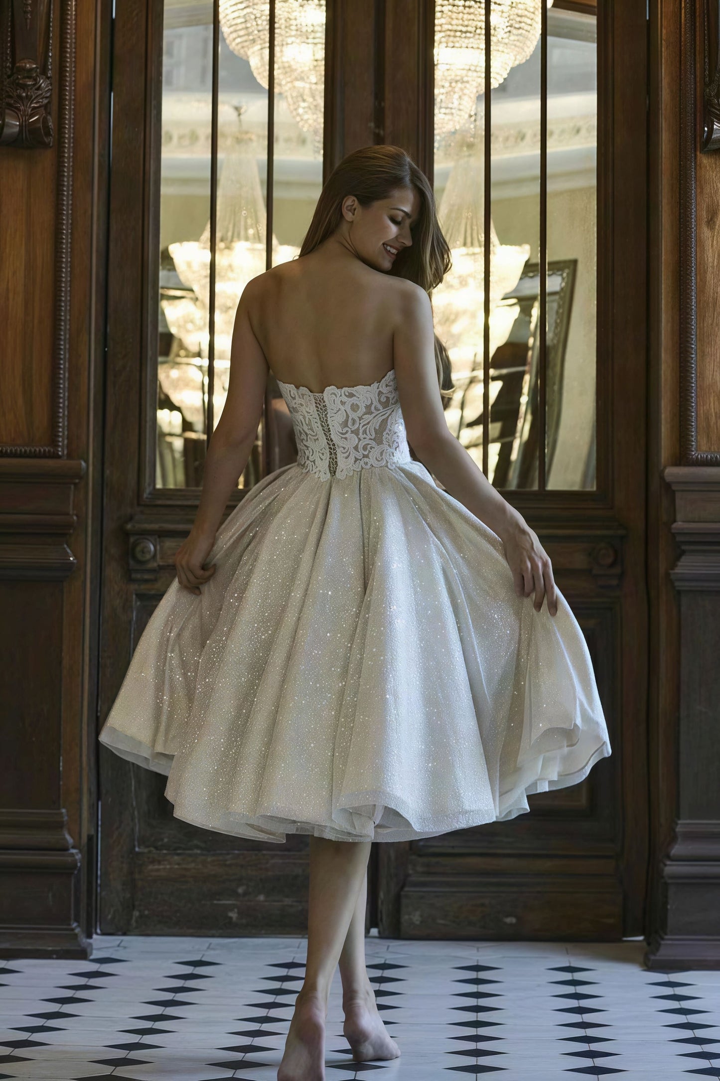 Elegant V Neck Off Shoulder Glitter Lace Tie Back Reception Dress