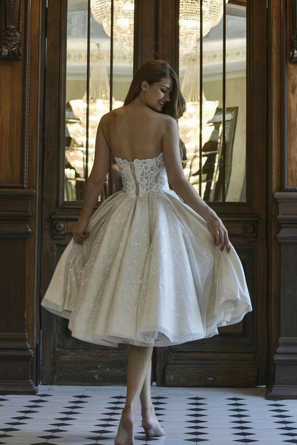 Elegant V Neck Off Shoulder Glitter Lace Tie Back Reception Dress