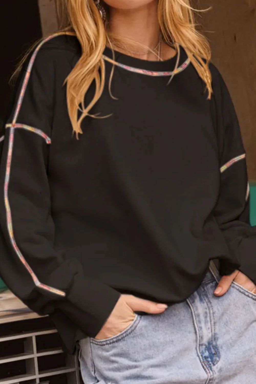 Helena | Long sleeve crew neck sweatshirt with rainbow trim