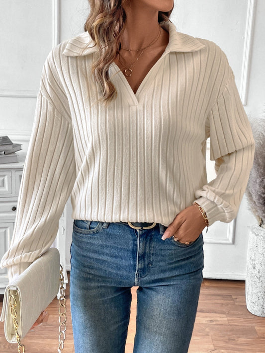 Charlotte | Ribbed long sleeve t-shirt with Johnny collar