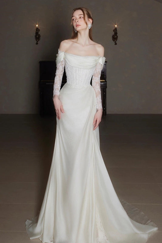 Off Shoulder Lace Satin Train Wedding Dress