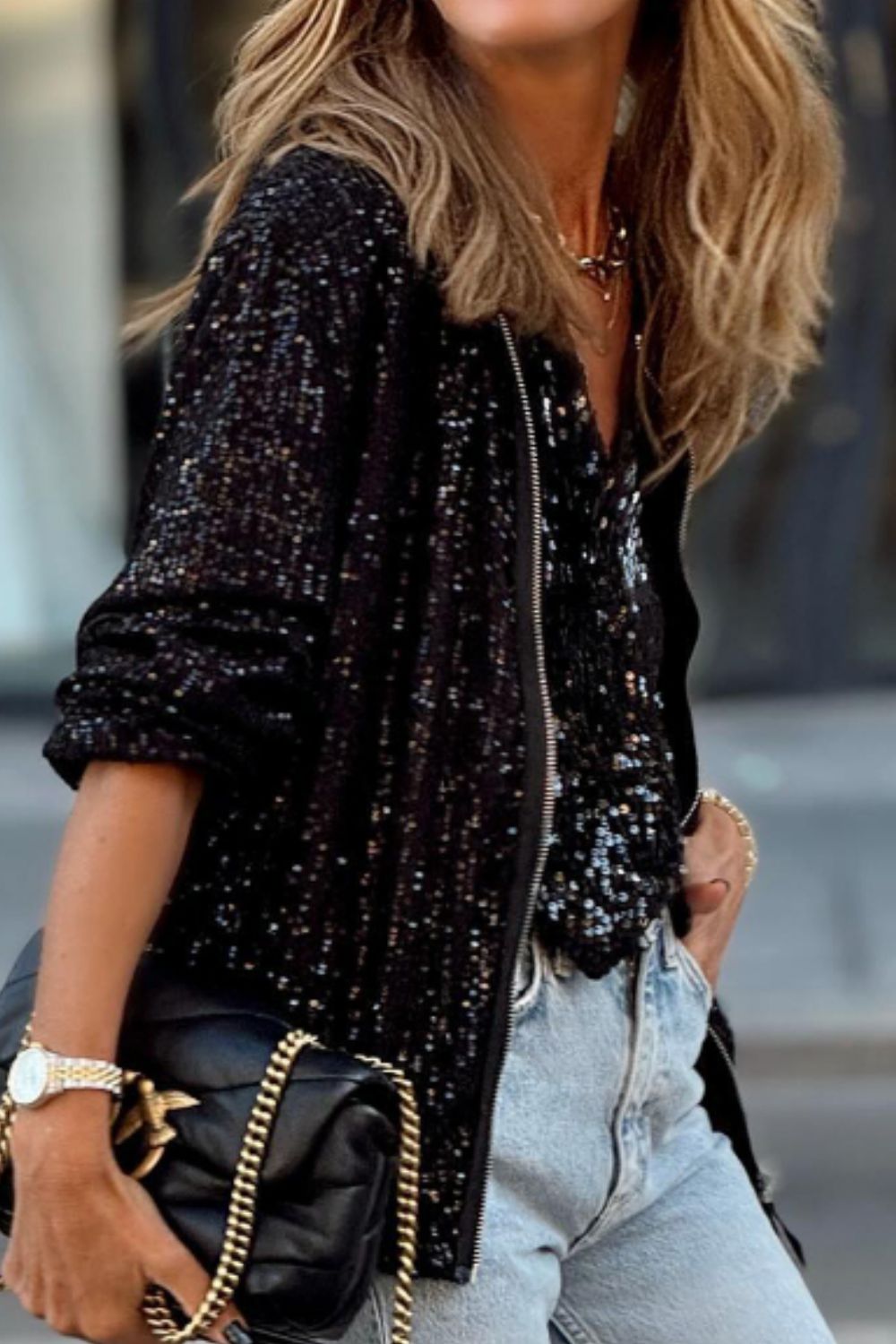 Nina | Long sleeve jacket with sequins and zip