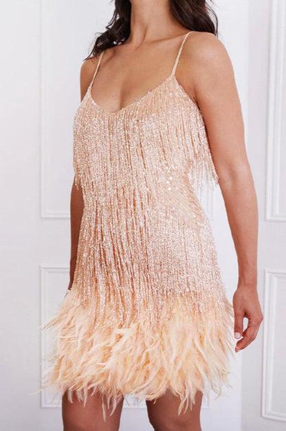 Feather Trim Sequin Cami Party Dress