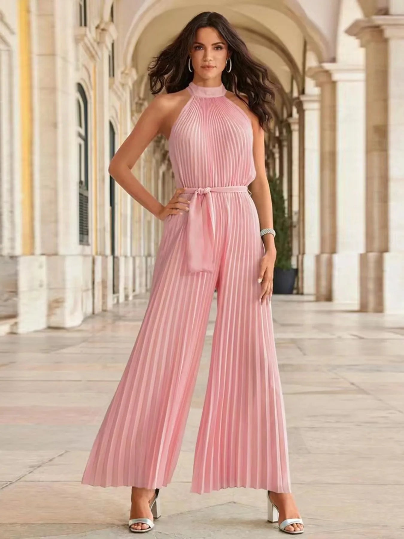 Fiorella® | Elegant Sleeveless Pleated Wide Leg Jumpsuit
