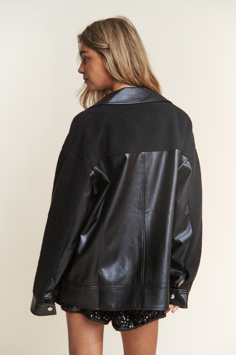 Ana | Faux leather sherpa contrast snap down jacket