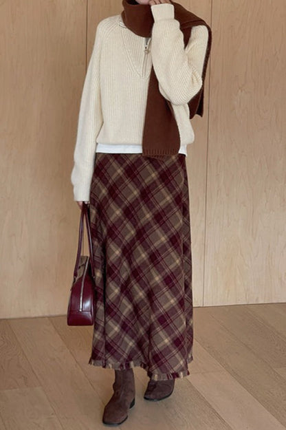 Red Plaid Wool Bodycon Skirt