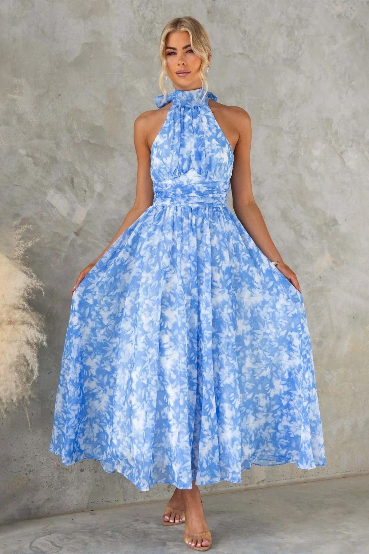 Sleeveless Floral Halter Backless Midi Dress