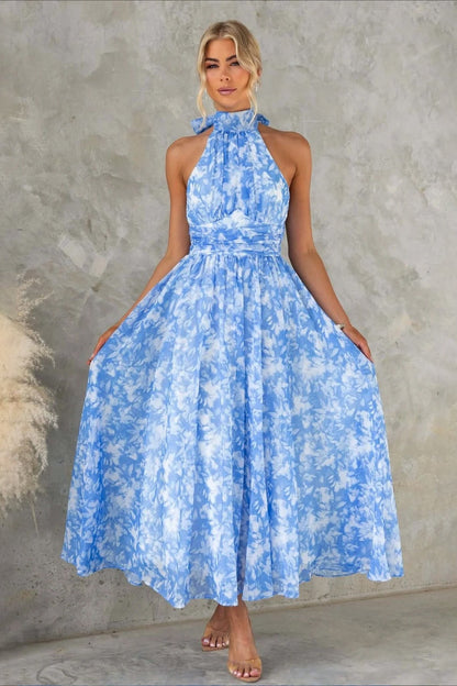 Sleeveless Floral Halter Backless Midi Dress