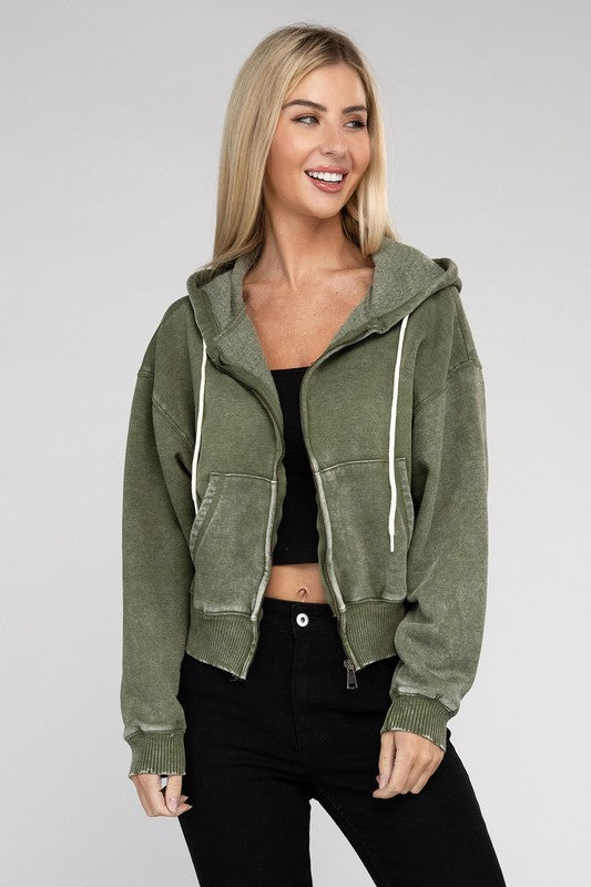 Fabiana | Cropped acid wash fleece zip-up hoodie