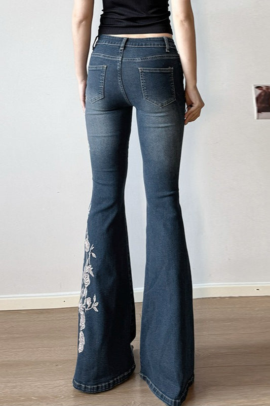 Vintage Gradient Rose Embroidery Bootcut Jeans