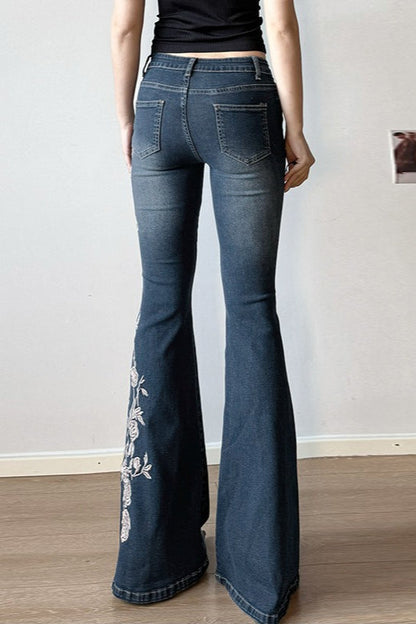 Vintage Gradient Rose Embroidery Bootcut Jeans