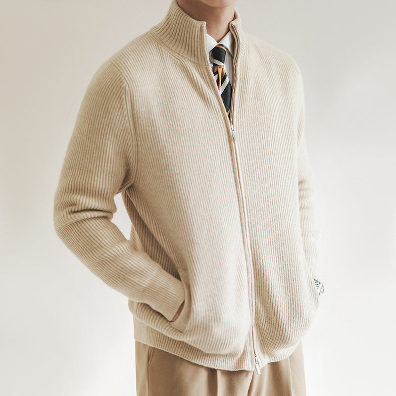 Men's Slim Fit Zip Cardigan with Ribbed Texture and Stand Collar