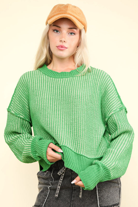 Magdalena | Short, striped slit sweater with visible seams