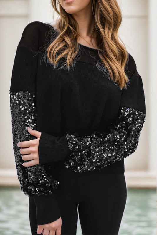 Ingrid | Long-sleeved blouse with sequins and a boat neckline