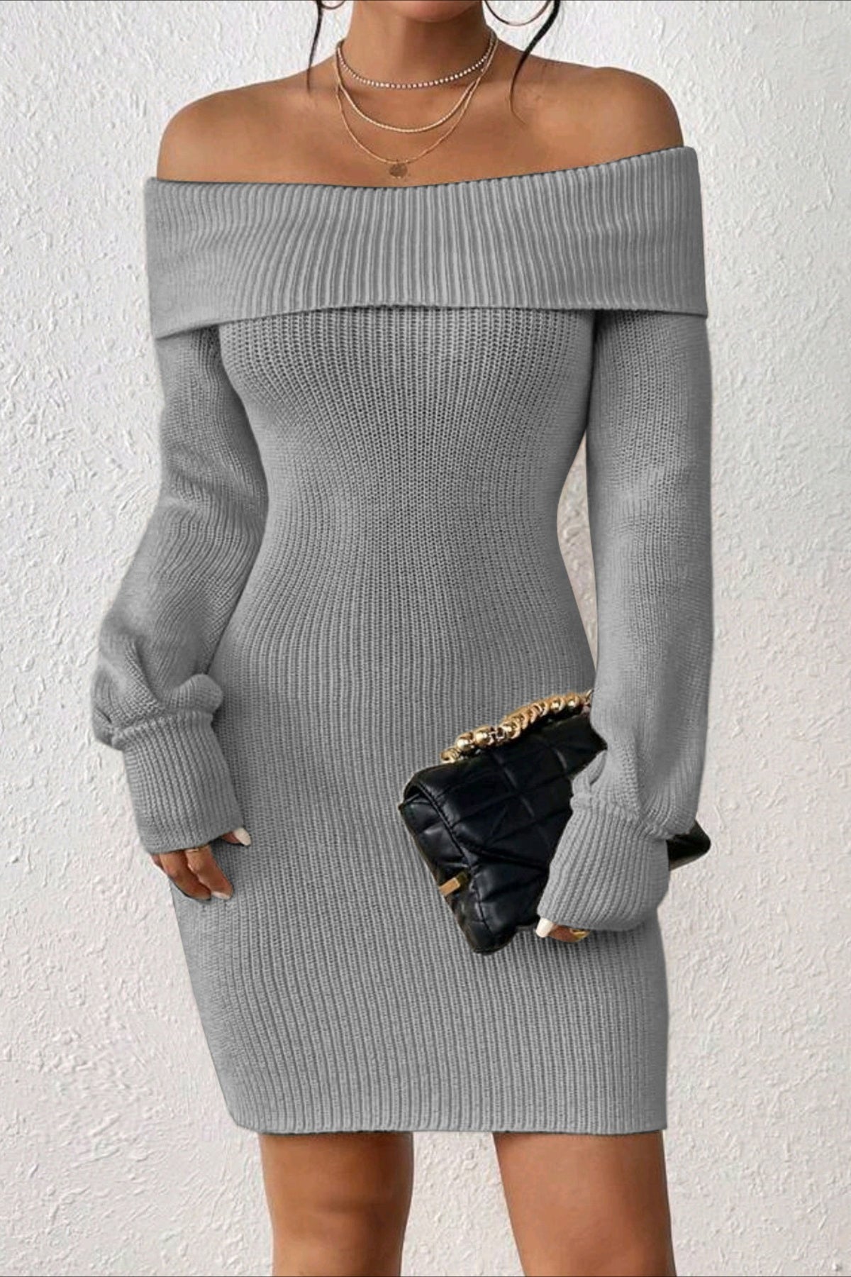 Long Sleeve Off Shoulder Slim Fit Knit Sweater Dress