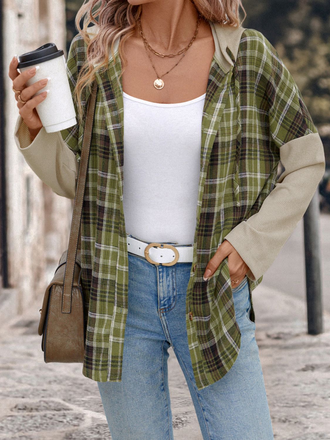 Isadora | Perfee drawstring check long sleeve hooded shirt