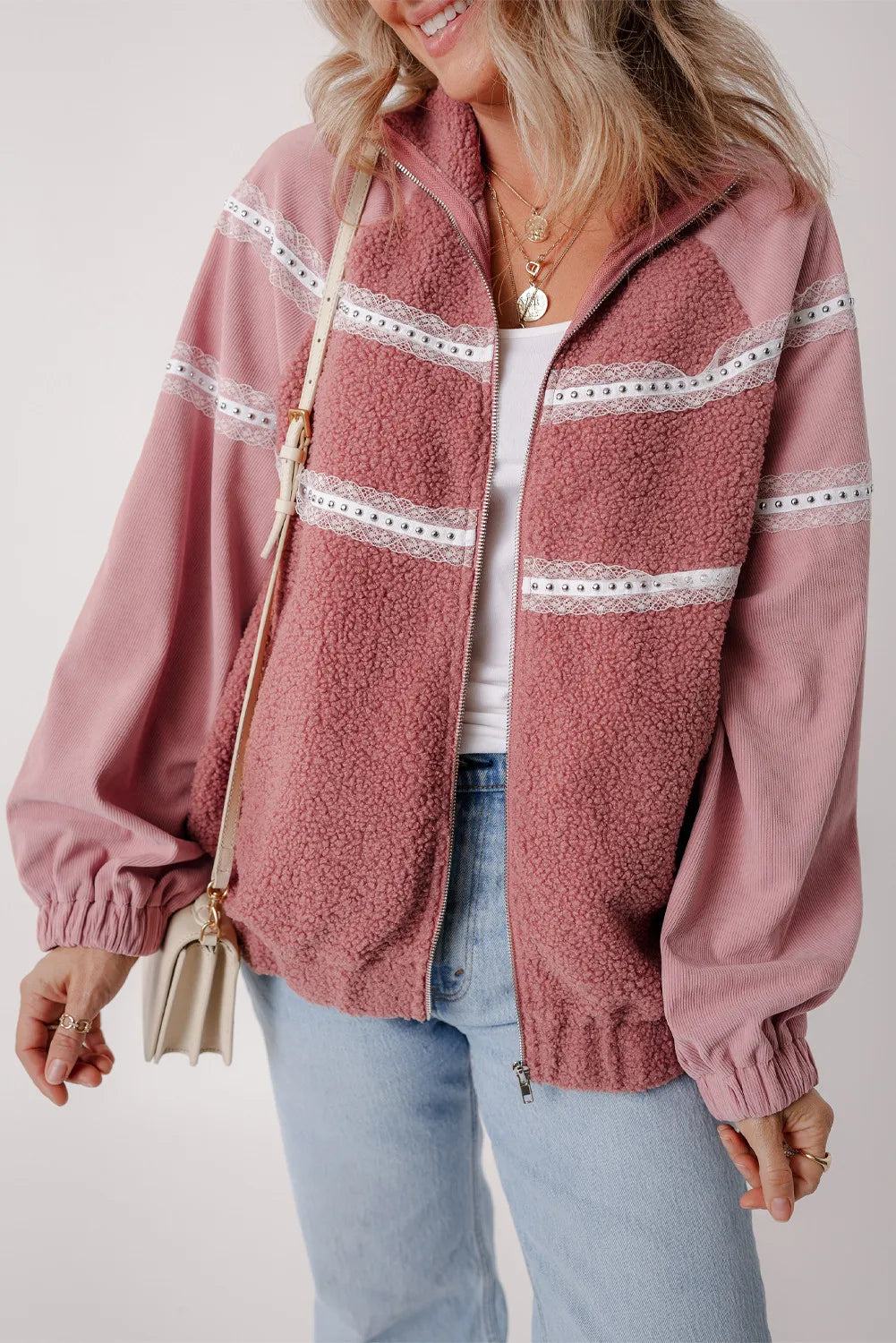 Lucía | Long sleeve jacket with fluffy lace detail and zip fastening