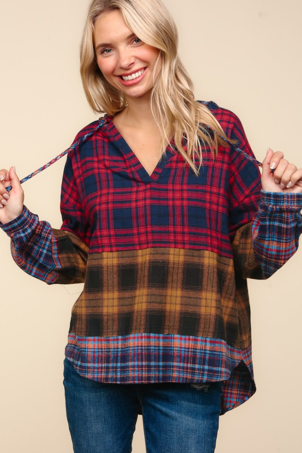 Hildegard | Haptics hooded top with checked trim and cut detail