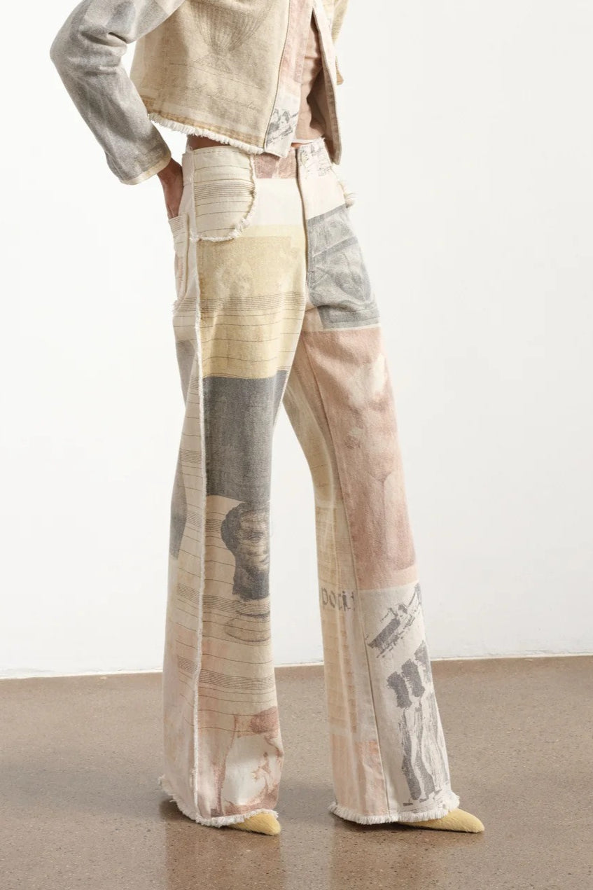 Vintage Newspaper Print Straight Leg Jeans