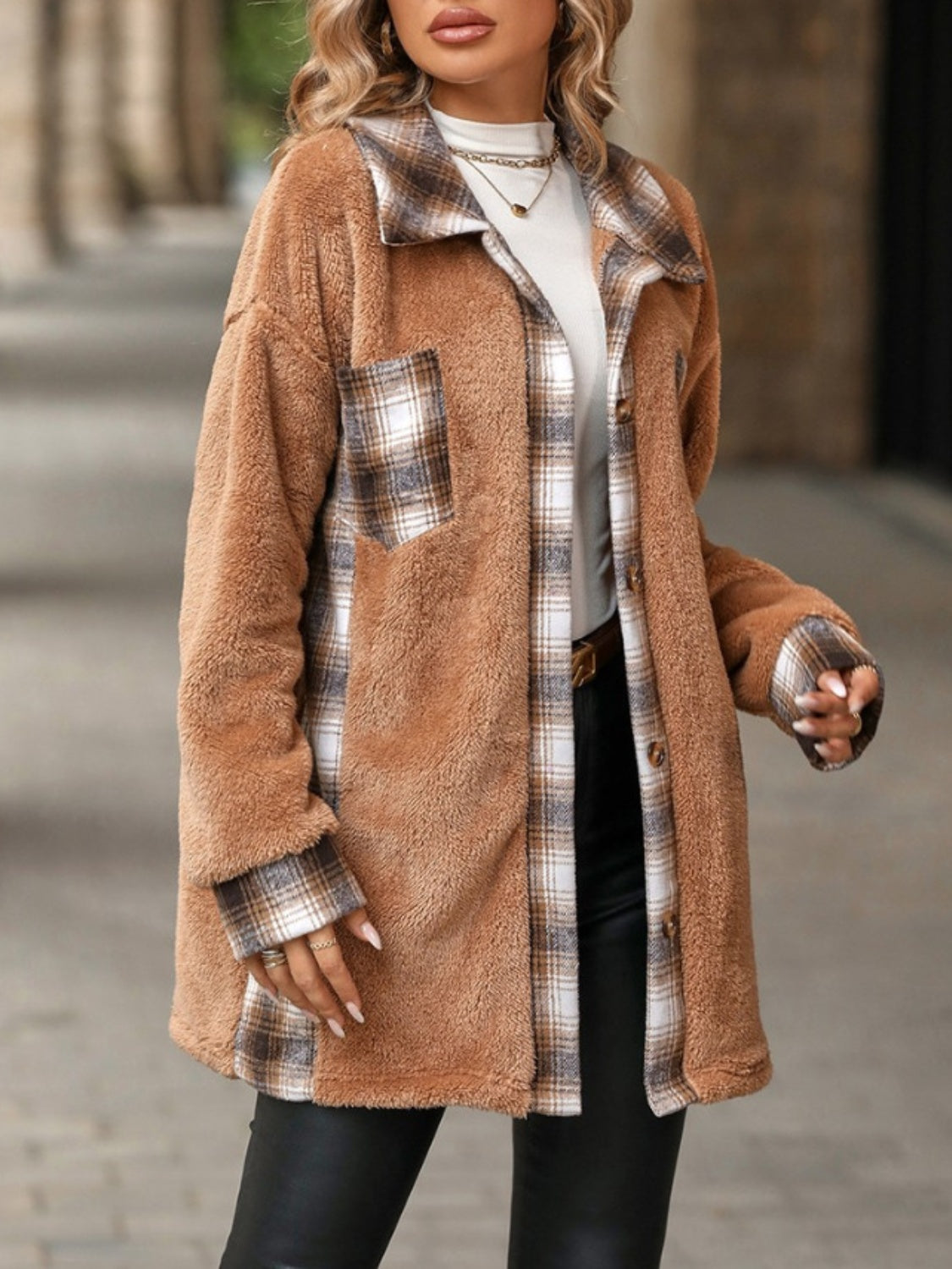 Marta | Checked buttoned fluffy outerwear with long sleeves