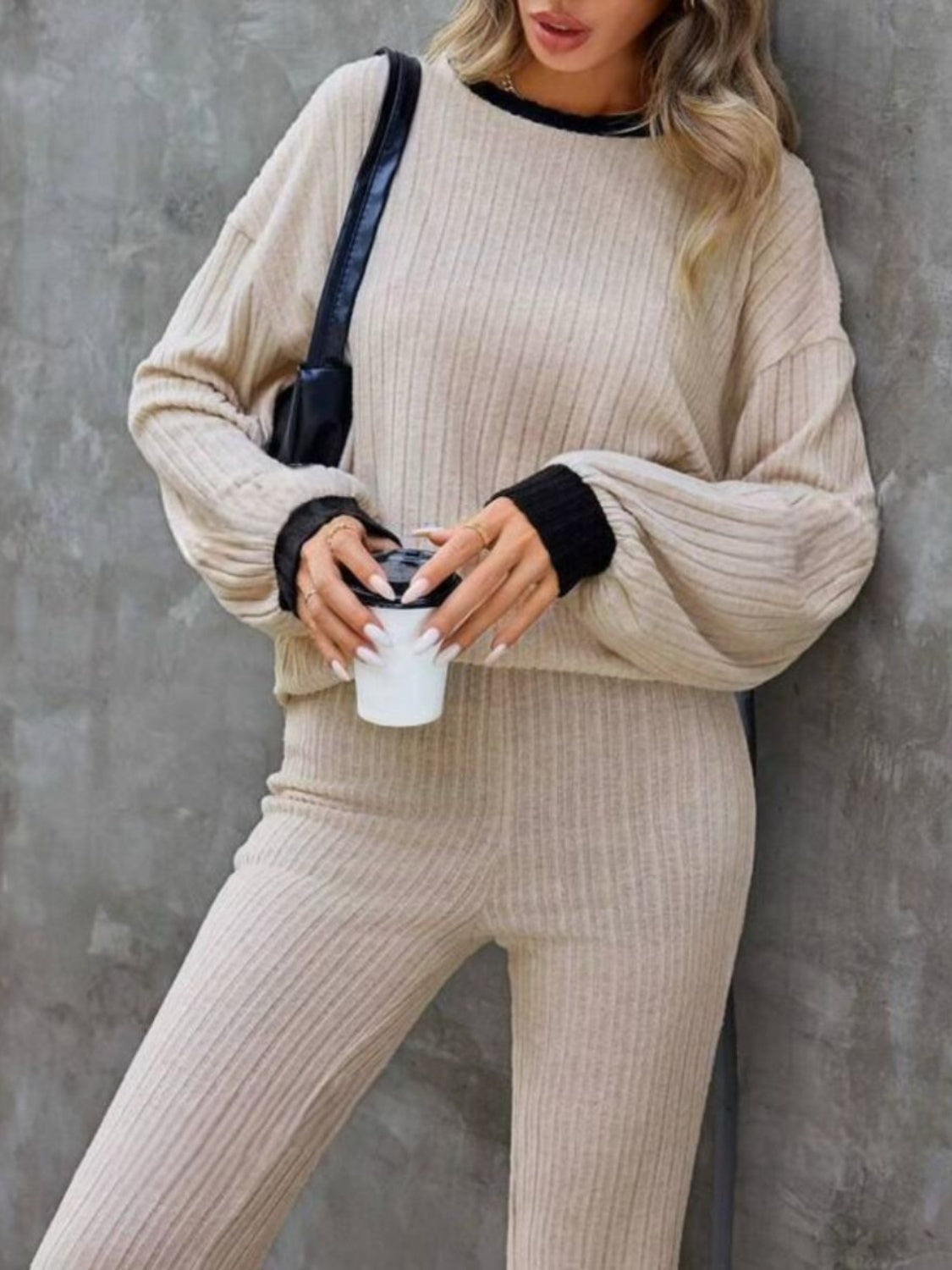 Wilma | Contrast crew neck long sleeve top and bootcut trousers set