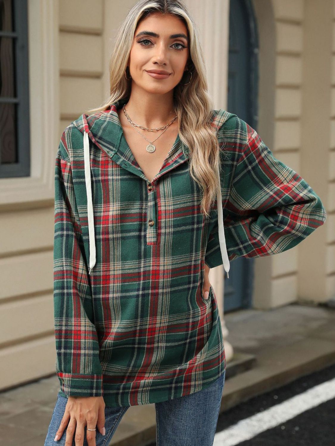 Nathalie | Long sleeve top with drawstring and checked hood