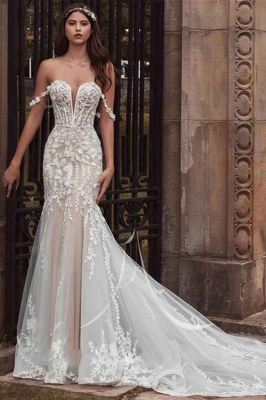 Mermaid Off Shoulder Lace Forest Train Wedding Dress