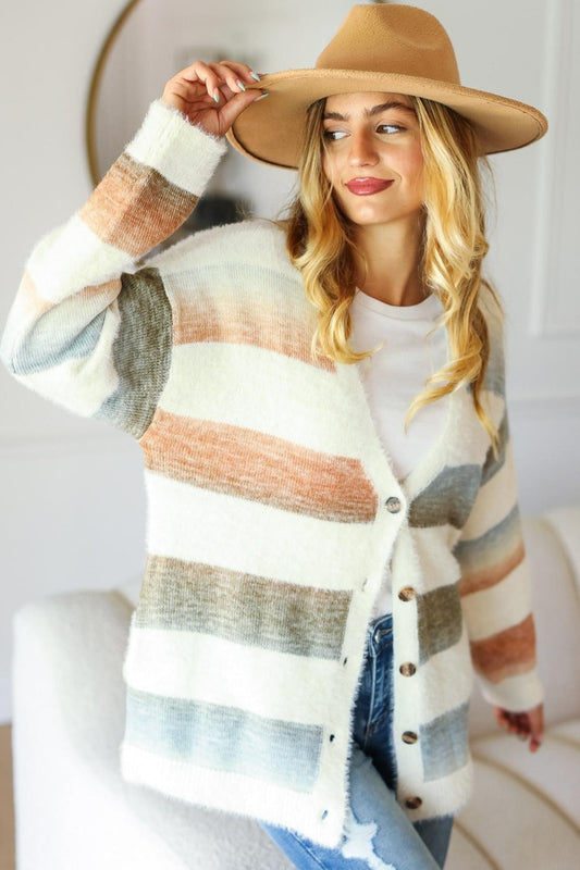 Emma | Haptics soft fluffy full size button down striped sweater cardigan